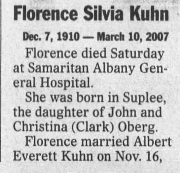 Obituary for Florence Silvia Kuhn, 1910-2007